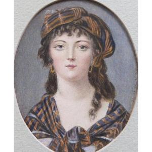 Miniature Portrait Of A Woman With A Turban, 19th-century Drawing, Signed