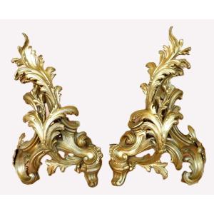 Large Pair Of Louis XV Rocaille Bronze Andirons