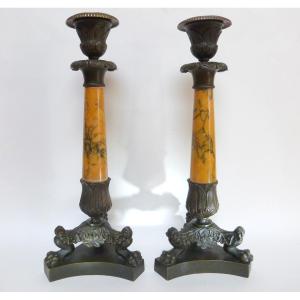 Pair Of Bronze And Marble Candlesticks 19th Century