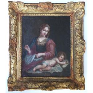 Virgin And Child French School 17th Century Antique Frame