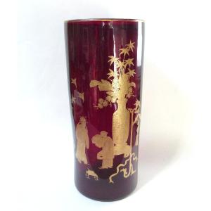 Baccarat Stained Crystal Vase With Chinese Gold Decoration For The Crystal Staircase
