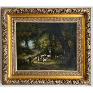 Table Oil On Canvas Painting Cows In The Nineteenth Forest.