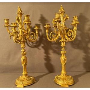 Pair Of Important Candelabras In Gilt Bronze Louis XVI Style From The Nineteenth Century Detailed After A