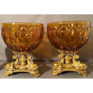 Pair Of Important Cups In Smoked Cut Bohemian Crystal And Gilt Bronze