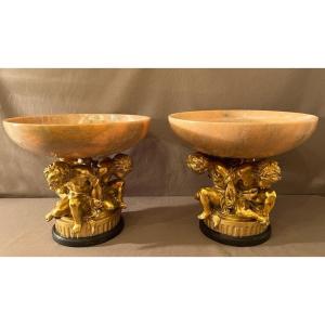 Pair Of Cups In Marble And Gilt Bronze After Clodion Nineteenth