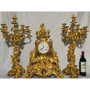 Garniture De Cheminée En Bronze Doré Ciselé XIXème Napoléon III