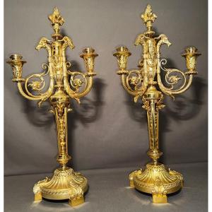 Pair Of Candelabras In Gilt Bronze F. Barbedienne Nineteenth