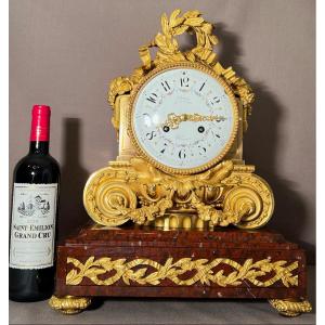 Important Louis XVI Style Pendulum In Cherry Red Marble And Gilt Bronze, Napoleon Period