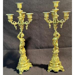 Pair Of Gilt Bronze Candelabra With Puttis, 19th Century