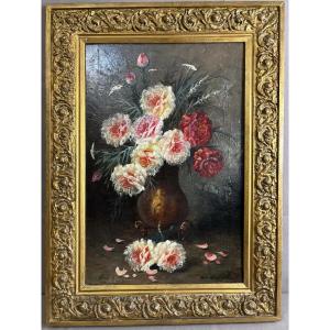 Painting Oil On Canvas By Max Carlier (1872-1938) Flowers Still Life