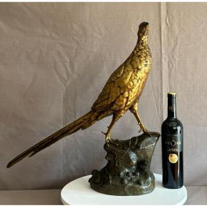 Large Bronze Sculpture "léon Bureau" The Pheasant On A Rock.