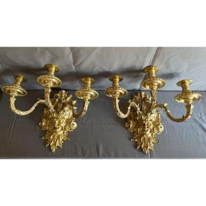 Pair Of Gilt Bronze Wall Lights, Louis XIV Style, Mid-19th Century.  