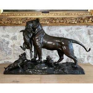 Bronze By Auguste Nicolas Cain (1821-1894) Lioness Bringing A Wild Boar To Her Cubs