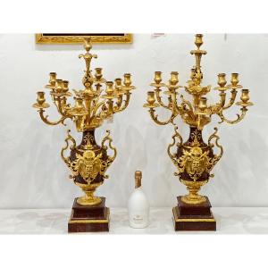 Pair Of 10-armed Gilt Bronze And Griotte Marble Candelabras, 19th Century