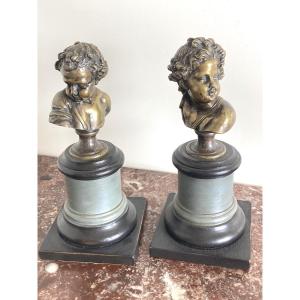 Pair Of Busts Of Young Children In Silvered Bronze - 18th