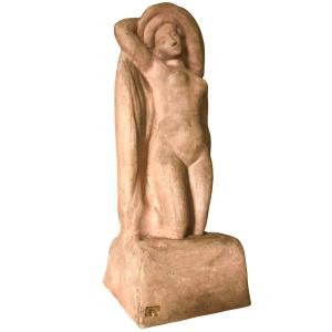 Terracotta Sculpture, Naked Bather, Signed Alfred Jean Halou, Early 20th 1910/1920
