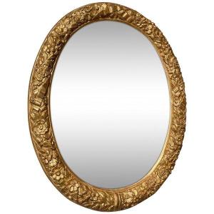 Oval Mirror In Gilded Wood, Large Size 125 Cm - French Work From The 18th Century