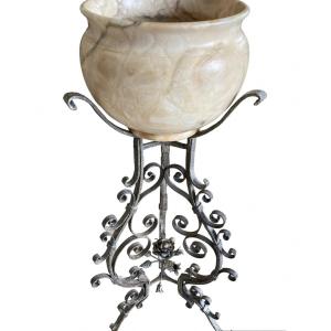 Marble Plant Pot On Wrought Iron Tripod Base, Late 19th Century
