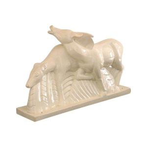 Antelopes Couple In Cracked Ceramic, Signed By Lemanceau, Art Deco