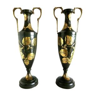 Pair Of Amphora-shaped Vases, Art Nouveau.