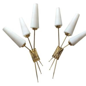Pair Of 3-arm Wall Sconces, Brass And Glass, Circa 1950