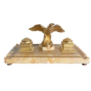 Gilt Bronze And Yellow Marble Inkwell, Late 19th Century