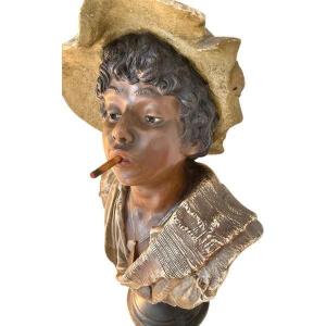 Bust Of A Child With A Hat, In Polychrome Plaster