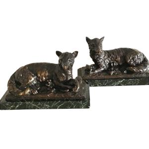 Pair Of Bronze Animal Subjects, 2 Foxes, Late 19th Century
