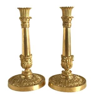 Pair Of Candlesticks, Gilt Bronze, Period Early 19th