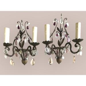 Pair Of Wall Sconces, Wrought Iron And Crystal, 19th Century