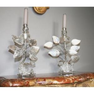 Pair Of Silver-plated Metal And Rock Crystal Candlesticks - Baguès Style