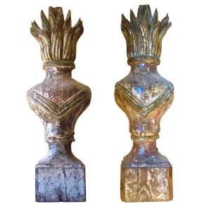 Pair Of Tall Polychrome Wooden Fire Pots, 18th Century, Regency Period