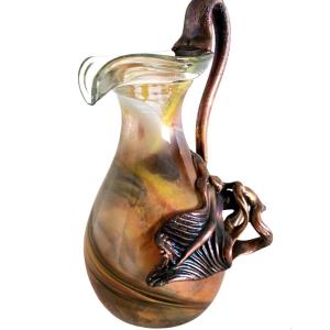 Blown Glass Ewer, Signed Filip Ravert, Art Nouveau