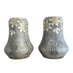 Pair Of Ceramic Vases, Signed Franz Anton Mehlen, Art Nouveau