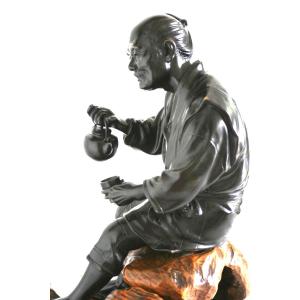 Bronze Sculpture, Okimono - Japanese Tea Drinking Man, Japan, Late Meiji Period