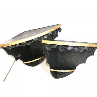 Pair Of Small Corner Consoles, Wrought Iron And Gilded, Signed, Circa 1925