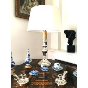 Large Lamp Mounted Candlestick, Silver Metal