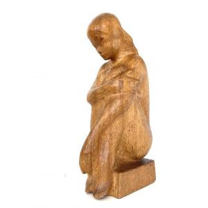 Large Young Woman Sculpture 64 Cm, Solid Wood, By Michel Bonnand