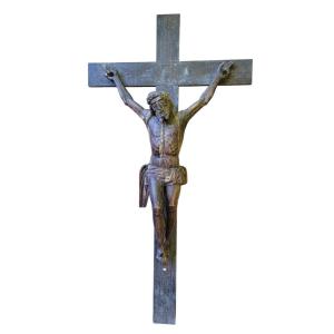 Large Christ In Carved Wood Inclined Head Surrounded By A Crown Of Thorns XVII Century