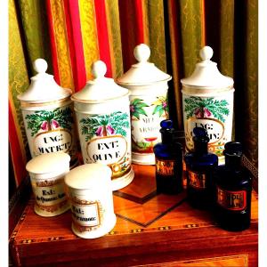 Beautiful Set Of Porcelain Pharmacy Pots Old Man In Paris, Two Ointment And 3 Bottles