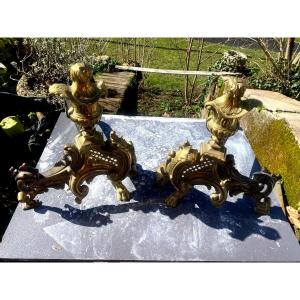 Pair Of Beautiful Ceremonial Andirons? Baroque Bronze Articulated With The Motif Of The Louis XV Covered Vase