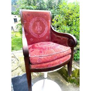 Beautiful Mahogany Bergère Armchair, Rich Windings, Period Saber Rose Crimson Velvet Feet 