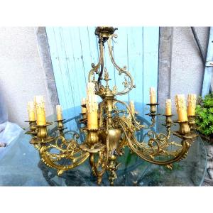  Beautiful Decorative Large Louis XV Style Chandelier From The 19th Century Bronze Twelve Lights Electrified New 