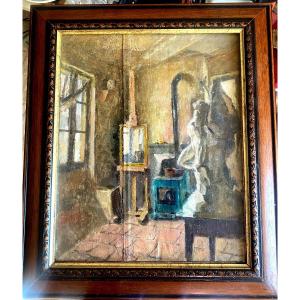 Beautiful And Intimate Impressionist Painting "the Artist's Workshop", Oil On Canvas Framed 19