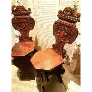 Pair Of Excellent Sculpted Oak Stepladders With Patina From The Mid-19th Century, Switzerland Or Tyrol 