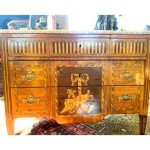 Beautiful Transitional Marquetry Chest Of Drawers With Three Drawers, Marble Top With Attributes From The 18th Century