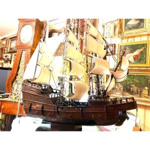 "large Warship" Three Masts, Mediterranean Sea Three Masts, In Mahogany 19th Century Model