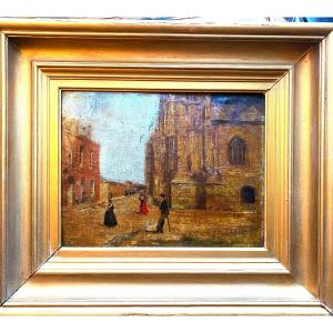 Impressionist Painting Late 19th Century, Framed Oil/canvas: "busy Street Leaving The Church"