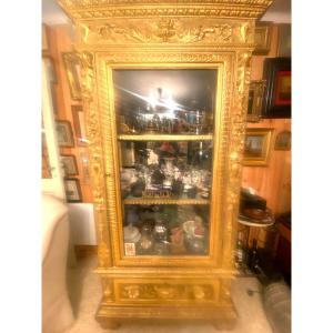Large Ornamental Display Cabinet, Italian Baroque Style In Gold Gilded Wood, 19th Century
