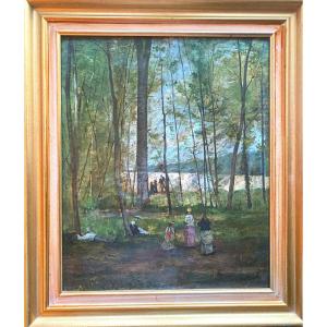 "undergrowth Animated By Characters", Oil On Framed Canvas, Late 19th Century, Impressionist School